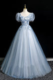 Blue Tulle Lace Short Sleeve A Line Prom Dress