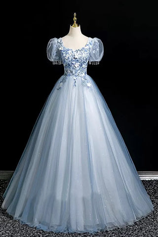 Blue Tulle Lace Short Sleeve A Line Prom Dress
