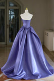 Strapless A Line Ruched Purple Satin Prom Dress