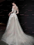 Long Sleeve Sheer Lace Beige A Line Wedding Dress