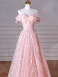 Tulle Sequins Sequin Pink Off The Shoulder Prom Dress