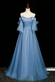 Sweetheart Bow A Line Tulle Blue Prom Dress