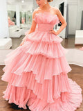 Pink Tulle Pleats Strapless Layers Prom Dress
