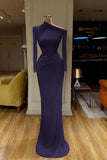 Long Sleeves White Asymmetric Neckline Satin Prom Dress