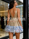 Short Mini A Line Feather V Neck Sequin Homecoming Dress