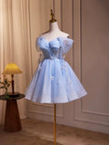 Tulle Short A-Line Butterfly Pearls Blue Homecoming Dress