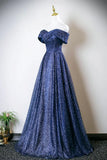 Sequin A Line Off The Shoulder Navy Blue Prom Dress