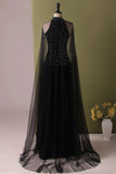 Beading A Line Black Halter Evening Dress with Cape