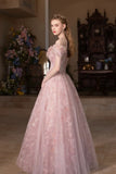 Floral Pink Tulle Off The Shoulder Prom Dress