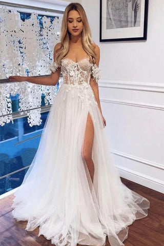 Lace Tulle Off Shoulder White Wedding Dress with High Slit