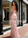Pink Strapless Satin Lace Sheath Column Prom Dress