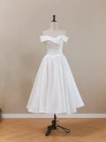 Off Shoulder Tea Length Satin White Wedding Dress