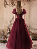 Sparkle Tulle A-Line Short Sleeve Burgundy Prom Dress
