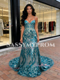 Trumpet Mermaid Sequin Green V Neck Floral Prom Dress