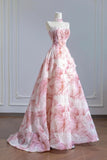 Print Pink Tulle Sparkle Strapless Prom Dress