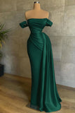Off The Shoulder Satin Mermaid Champagne Draped Train Prom Dress