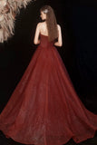 Burgundy Strapless Sequin Sparkle Tulle A Line Prom Dress