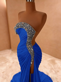 Crystal Royal Blue One Shoulder Ruched Prom Dress with Slit