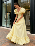 Sweetheart A Line Satin Puffy Sleeve Yellow Prom Dress