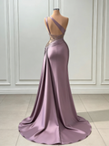 Lavender Satin Beaded Lace One Shoulder Mermaid Prom Dress