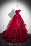 Strapless Layer Tulle Layer Flower Burgundy Prom Dress