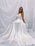 White Satin A Line Simple V Neck Wedding Dress