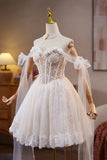 Flower Pearl Short Ivory Lace Homecoming Dress