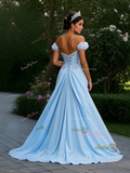 Tulle Off The Shoulder Trumpet Mermaid Blue Detachable Train Prom Dress