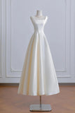 White Satin Tea Length A Line Square Prom Dress