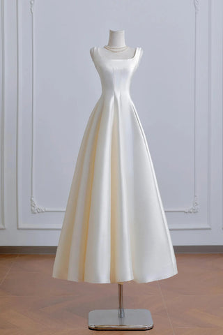 White Satin Tea Length A Line Square Prom Dress