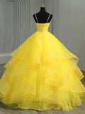 Vibrant Yellow Layered Ruffled Tulle Spaghetti Straps Prom Dress