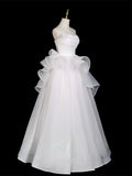White Strapless Ruched Ruffles A Line Organza Wedding Dress