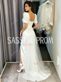 Square Short Sleeve A-Line Satin Tulle Wedding Dress With Slit