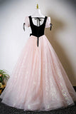 Tulle Beading Black Velvet A Line Pink Prom Dress