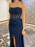 Sequin Strapless Navy Blue Prom Dress with High Slit