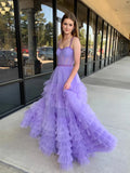 Purple Ruffle Tiered A Line Tulle Prom Dress