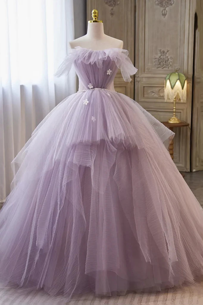 Tulle Floral Ball Gown Princess Lavender Prom Dress Tulle Floral Ball Gown Princess Lavender Prom Dress