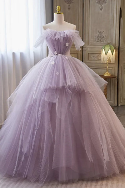 lavender tulle prom dress Zapaka Women Purple Tulle A-Line Tiered Long Prom Dress with Slit Spaghetti Straps Cut Out Formal Dress, Purple / US20W