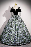 Velvet Floral Print Satin Black Prom Dress