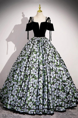 Velvet Floral Print Satin Black Prom Dress