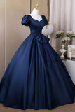 Short Sleeve A Line Navy Satin Bow Prom Dress