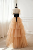 Black Champagne Tulle Off The Shoulder Prom Dress