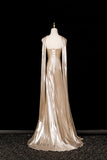 Sweep Train Floor Length Satin Champagne Prom Dress With Shawl