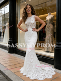 Jewel Trumpet Mermaid Lace Sweep Train Wedding Dress