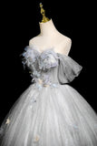 Butterfly A Line Off The Shoulder Gray Tulle Sequins Prom Dress
