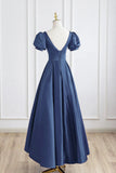 Short Sleeve Navy Satin A-Line Long Prom Dress
