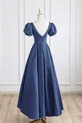 Short Sleeve Navy Satin A-Line Long Prom Dress US12 / Burgundy
