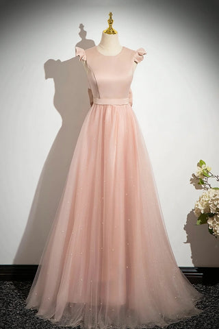 Tulle Scoop A Line Bow Pink Satin Prom Dress