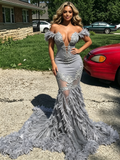 Gray Off The Shouler Feather Trumpet Mermaid Appliques Prom Dress