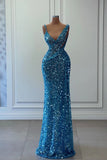 Floor-Grazing Turquoise V Neck Sequin Prom Dress